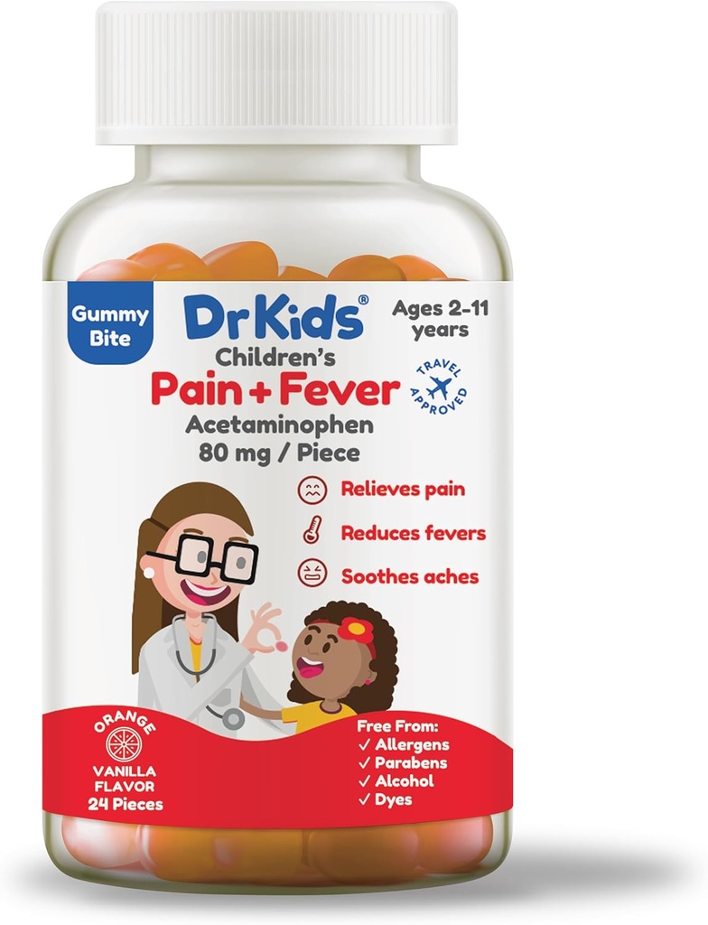 Dr. Kids Children's Pain and Fever Gummy Bite - 子供の年齢のためのChewable Acetaminophen 2-11、頭痛、咽頭炎、風邪およびインフルエンザ、オレンジバニラフレーバー、24カウント(パッケージ1)