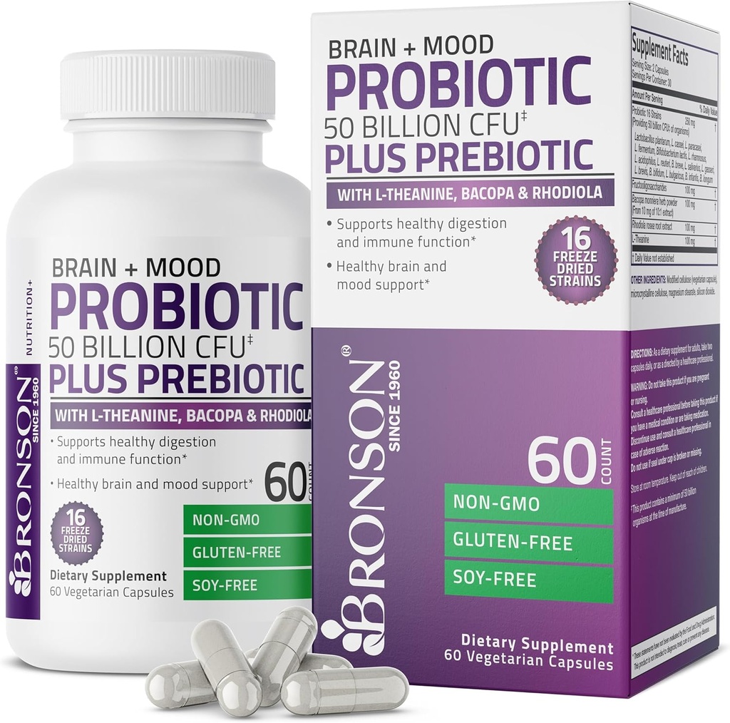 Bronson Brain + Mood Probiotic 50 Billion CFU Plus Prebiotic with L-Theanine, Bacopa and Rhodiola Non-GMO, 60 Vegetarian Capsules