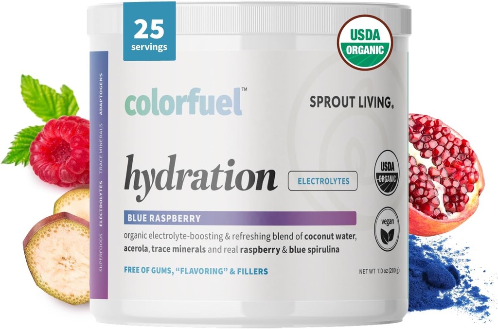 Sprout リビング、Colorfuel Hydration の粉の飲み物の組合せ、有機性スーパーフード + 添加物 | Hydration & Recovery、Electrolytes、Himalayan のピンクの塩、青いスピルリナ、青いラズベリーの味(25 のサービング)