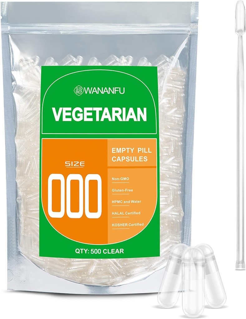 WANANFU Size 000 Empty Capsules Vegetarian (500 Count) Bundle with Micro Lab Spoon, Clear Fillable Veggie Pill Capsules 000 for Making Your Own Supplements