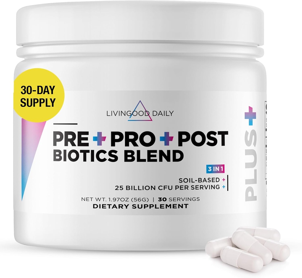 Livingood Daily Pre Pro Post Biotics Blend Powder, Digestive Health Supplement with Prebiotics from Organic Blue Agave Inulin, SBO Probiotics, Probiotics for Women & Men, Non GMO, Vegan, 30 Servings