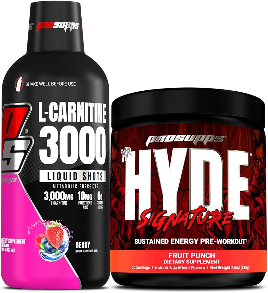 PROSUPPS L-カルニチン3000興奮剤フリー液体ショット(ベリー)とハイドシグネチャーシリーズプレワークアウトエナジーパウダードリンク(フルーツパンチ)バンドル