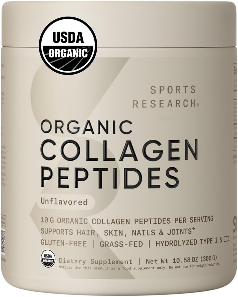 Sports Research® Organic Collagen Peptides - Hydrolyzed Type I & III Collagen Protein Powder Made Sustainably from Grass-Fed Cows - USDA Organic· Non-GMO · Gluten Free - Unflavored, 30 Servings