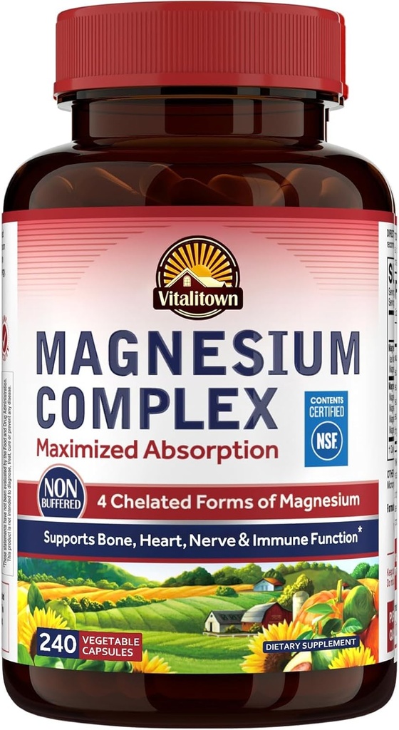 Vitalitown Magnesium Complex Supplement 500mg, Maximized Absorption, NSF Certified Chelated Magnesium Glycinate, Malate, Taurate & Citrate for Sleep, Energy & Heart, Vegan, Non-GMO 240 Caps