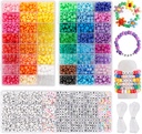 Quefe 3960pcs ポニービーズキット48色のカンジビーズセット、2400pcsプラスチックレインボーバルクと20メートルの20メートルの弾性糸クラフトジュエリーネックレス