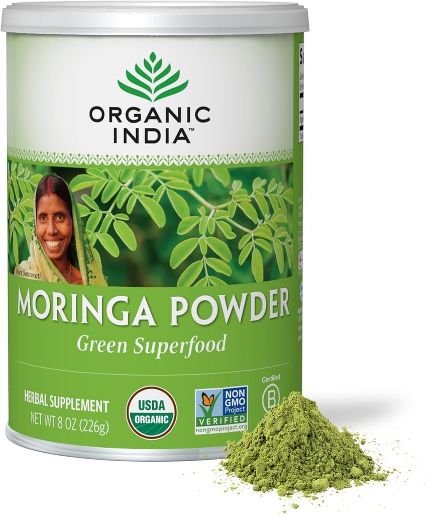 オーガニックインドモリンガパウダー - Moringa Oleiferaリーフハーブサプリメント、グリーンスーパーフード、栄養素、純粋な植物タンパク質、ビタミンA、E、K、鉄、カルシウム、繊維、ビーガン、USDA認定オーガニック - 8オンス