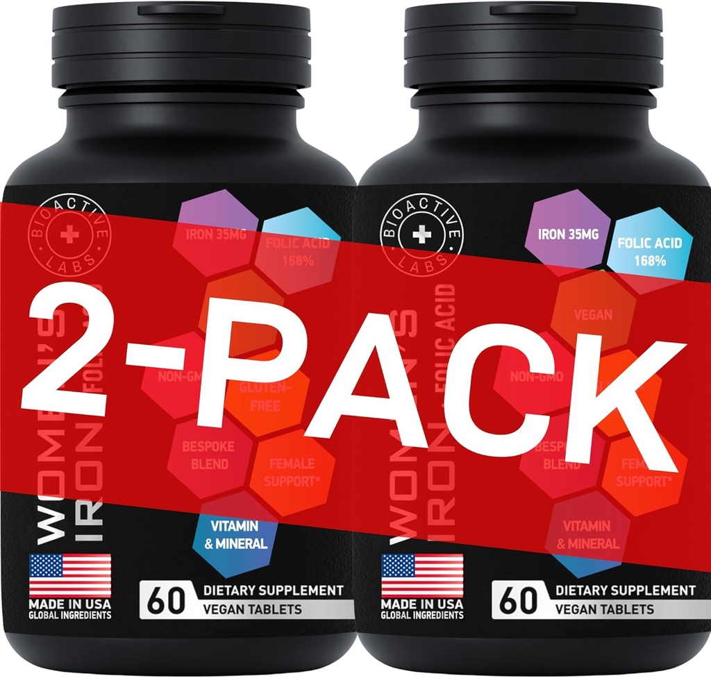 葉酸の女性のためのビーガン鉄サプリメント - 168% Folate Folic酸、貧血と妊娠中の女性と194%の鉄硫酸塩の血のビルダー - 2-パック、120グルテンフリーの穏やかな鉄のタブレット