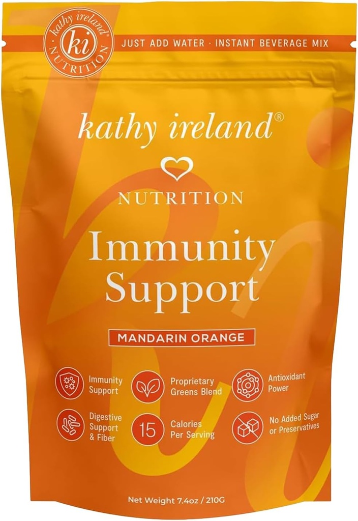kathy ireland Immune Support Powder, Wellness Booster, Immunity Defense Supplement with Vitamin C, D, Zinc & Elderberry, Instant Drink Mix, Mandarine Orange, 7.4 oz