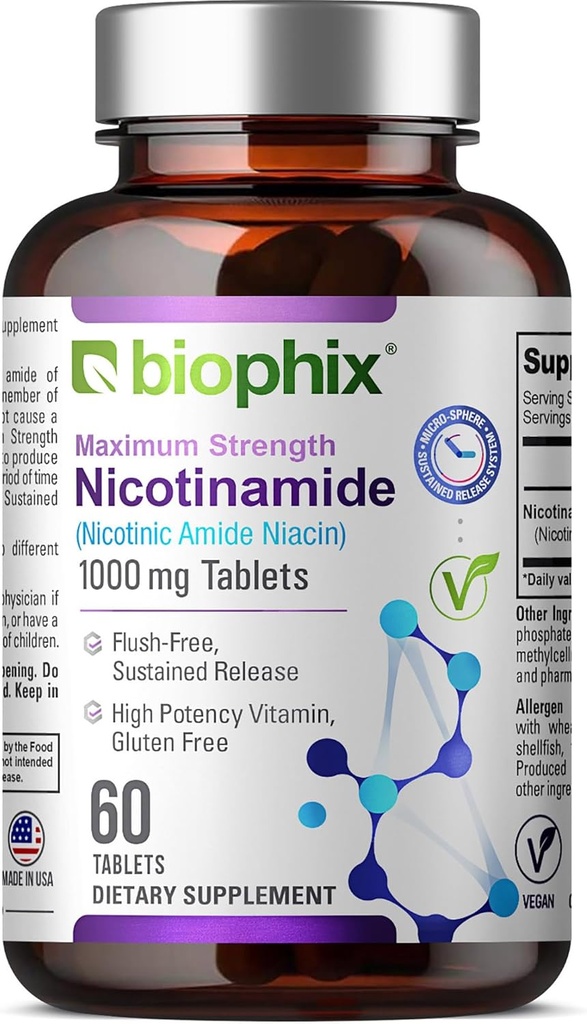 Biophix B-3 Nicotinamide 1000のmg 60のタブレットの余分強さは解放-ニコチン酸アミドのナイアシンの自然なフラッシュなしのビタミンの方式-サポート皮細胞の健康を錠剤にします