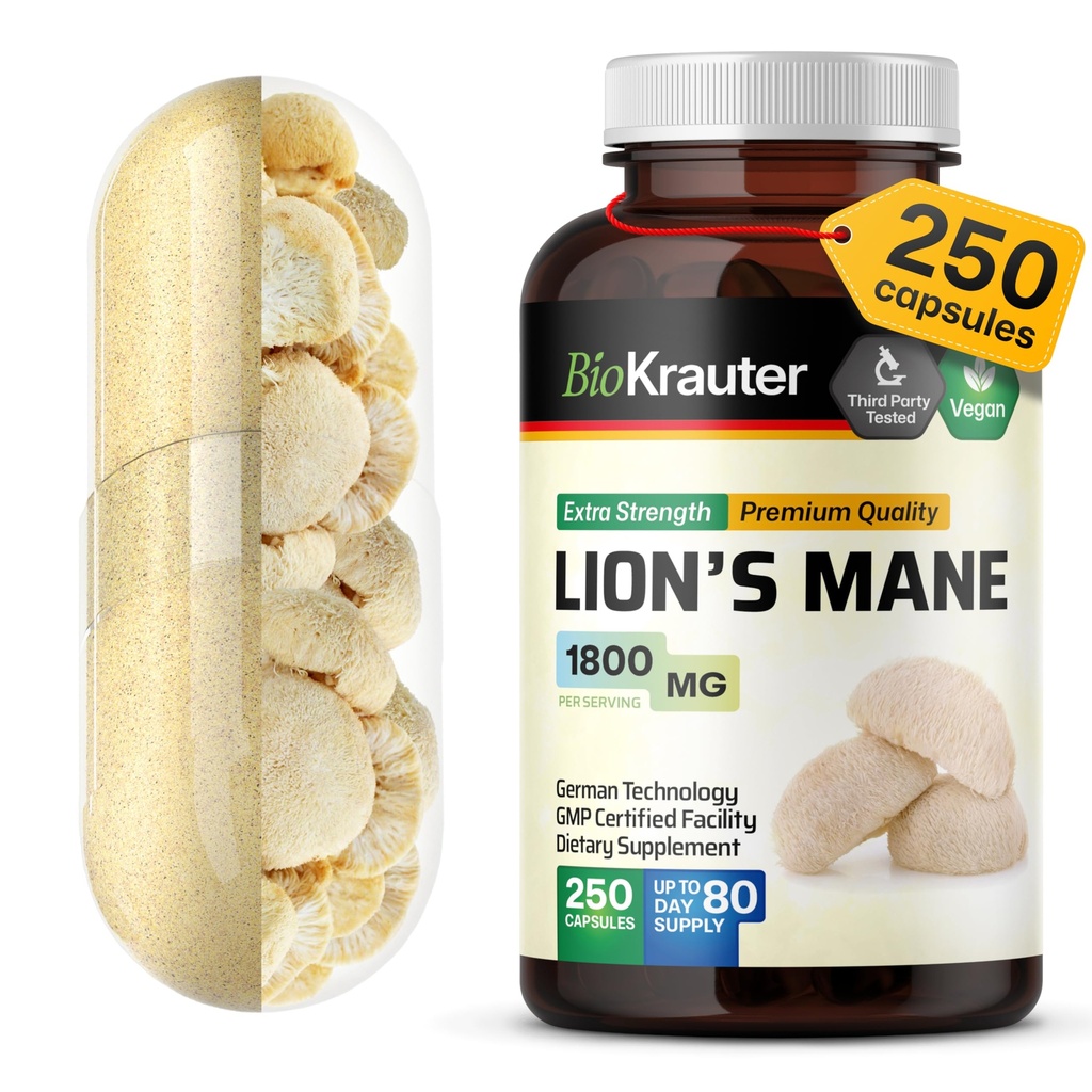 BIO KRAUTER Lions Mane サプリメント カプセル 1800 mg - 250 カウント - ビーガン ライオンズ マネ パウダー サプリメント - 3 ヶ月の供給 - いいえ フィラー
