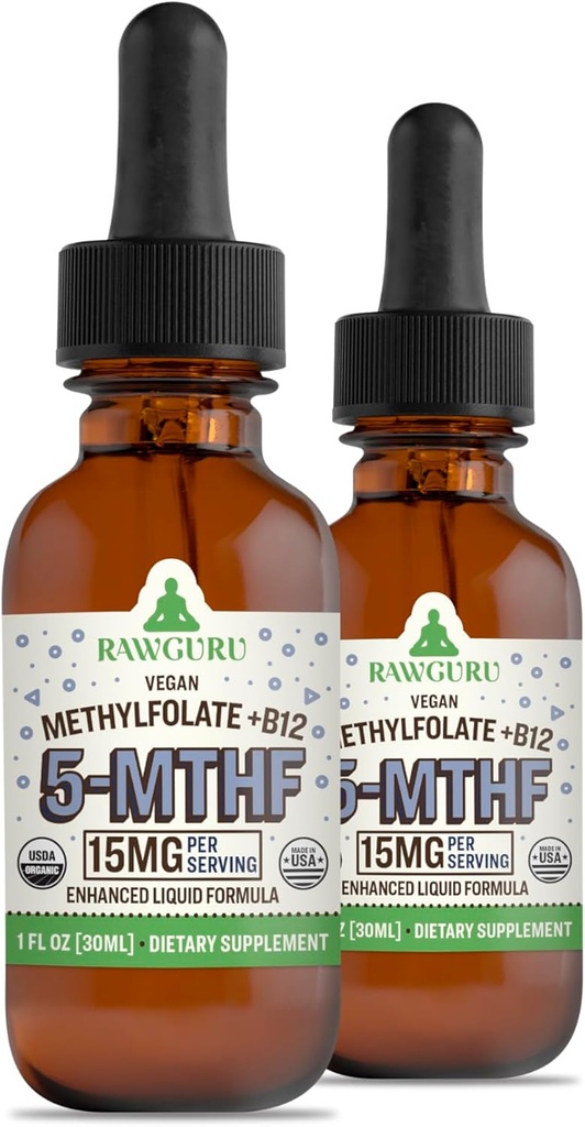RawGuru L-Methylfolate 15 mg + ビタミンB12 - 有機ビーガンメチル化B12 トレースミネラル - ナノ加工&強化液体式 - 300 30mlあたりのビーガンドロップをサービング、パック2