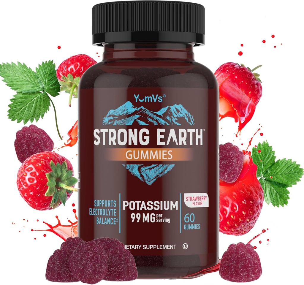 YumVs Potassium Supplement Gummies - Strawberry Flavor - 99 mg (as Potassium Citrate) per Serving - Supports Electrolyte Balance - Vegetarian Kosher Halal Gluten Free Pure Potassium Gummies (60 Count)