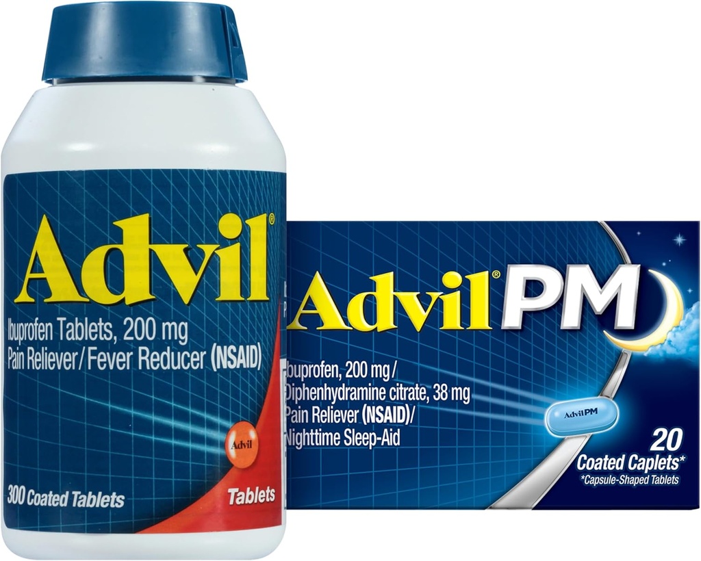 Advil Pain Reliever and Fever Reducer, Ibuprofen 200mg for Pain Relief - 300 Count, Advil PM Pain Reliever and Nighttime Sleep Aid, Ibuprofen for Pain Relief and Diphenhydramine Citrate - 20 Count