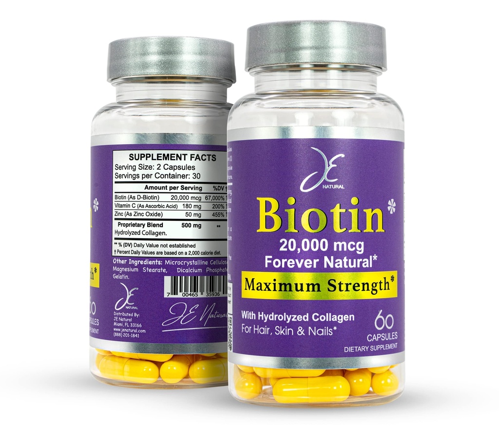 JEの自然なビオチンの毛皮および釘のビタミン、ビタミンC、毛を作るBiotinおよびコラーゲンの補足はすべての年齢、Biotin 20000mcgの最高の強さの60のカプセルのためにより速く、より長く成長します。