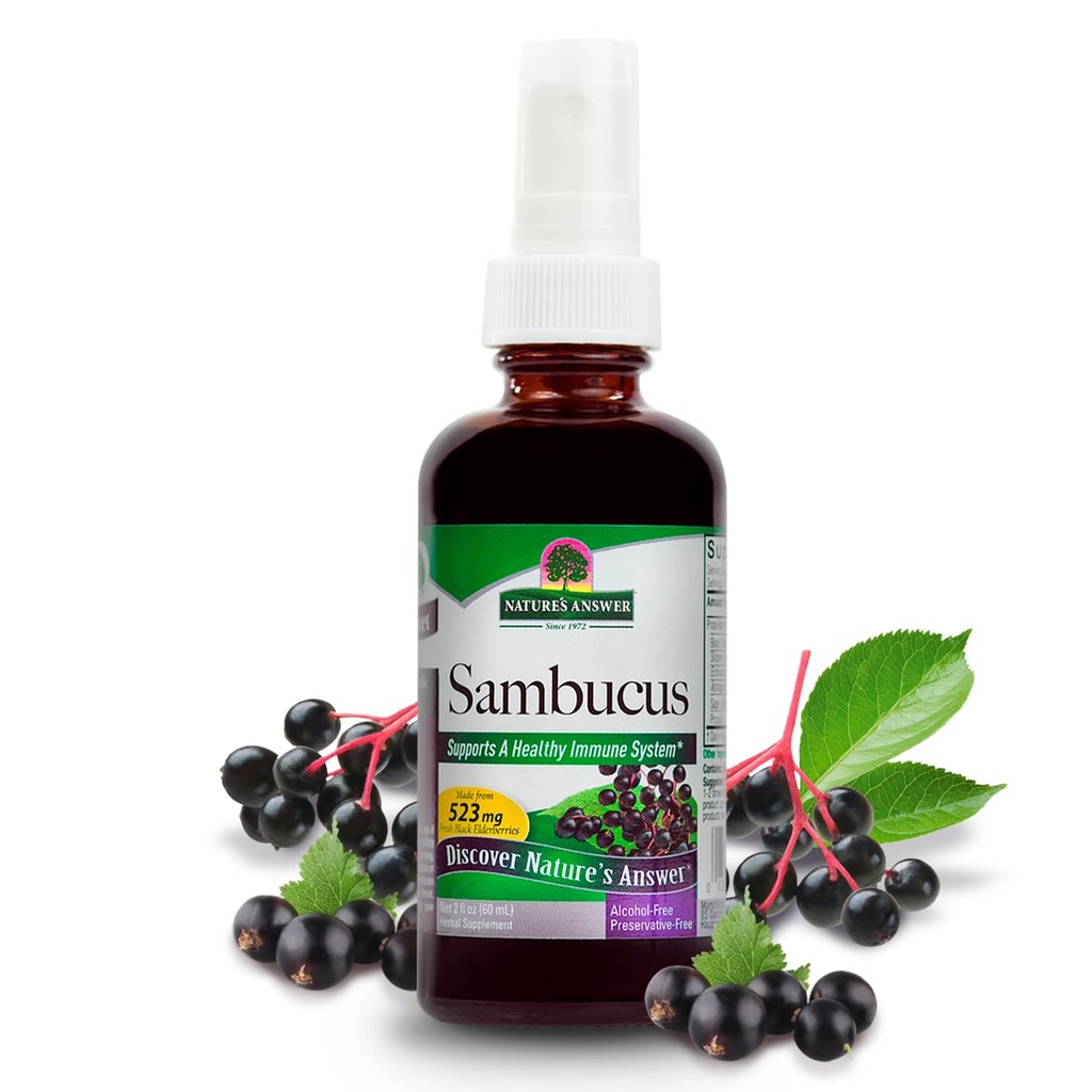 Nature's Answer Sambucus Spray | ヘルシーな免疫システムをサポート | 滑りやすいエルム、セージ&エキナサイアで注入 | アルコールフリー、グルテンフリー、コーシャ認定&ノー防腐剤2oz