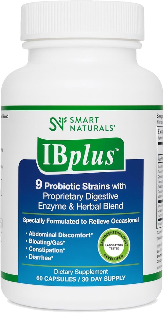 IBplus® プロバイオティクス、消化酵素&ハーブブレンド、改善されたフォーミュラ-60カプセル!! Irritable Bowel - 腹痛、便秘、Diarrhea、Gas/Bloating - Smart NaturalsTMによる提案式