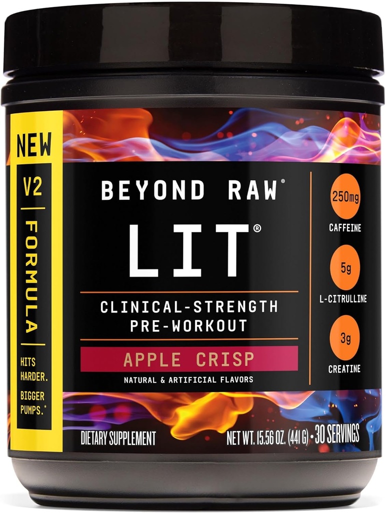 BEYOND RAW LIT V2 の臨床強さのプレワークアウトの粉、ひものより堅い、より大きいポンプ、カフェイン、L-Citrulline、クレアチン、Apple Crisp、30 のサービング