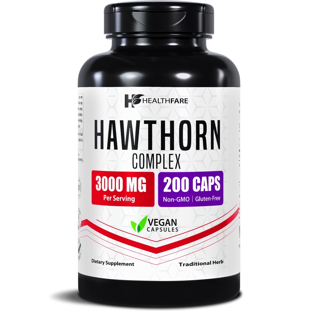 Healthfare Hawthorn Berry Supplement Extract 3000mg | 余分な強度ハーブフォーミュラ | 200 ビーガンカプセル | 心と循環の健康をサポート | 非GMO、グルテンフリー | アメリカ製