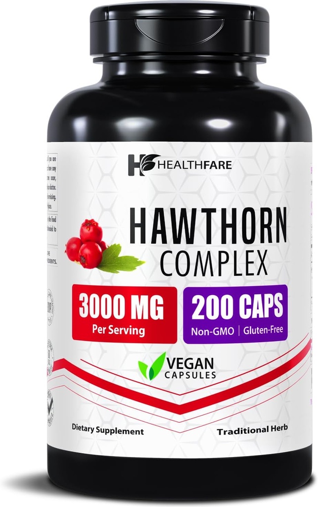 Healthfare Hawthorn Berry Supplement Extract 3000mg | Extra Strength Herbal Formula | 200 Vegan Capsules | Supports Heart & Circulatory Health | Non-GMO, Gluten-Free | Made in USA