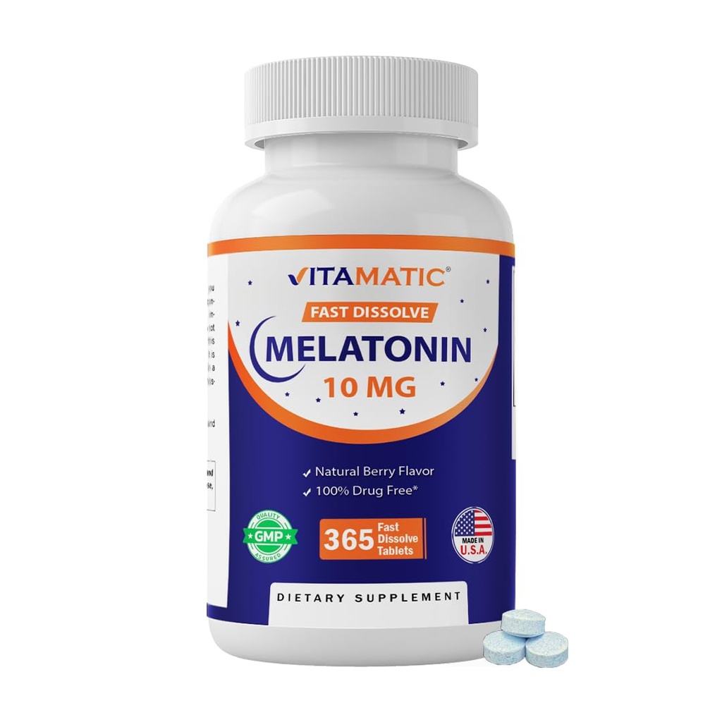 Vitamatic Melatonin 10 mgの速い分解のタブレット–大人の速い解散の睡眠サポート補足–ベジタリアン、非GMO及びグルテンフリー–自然な果実味– 365のタブレット