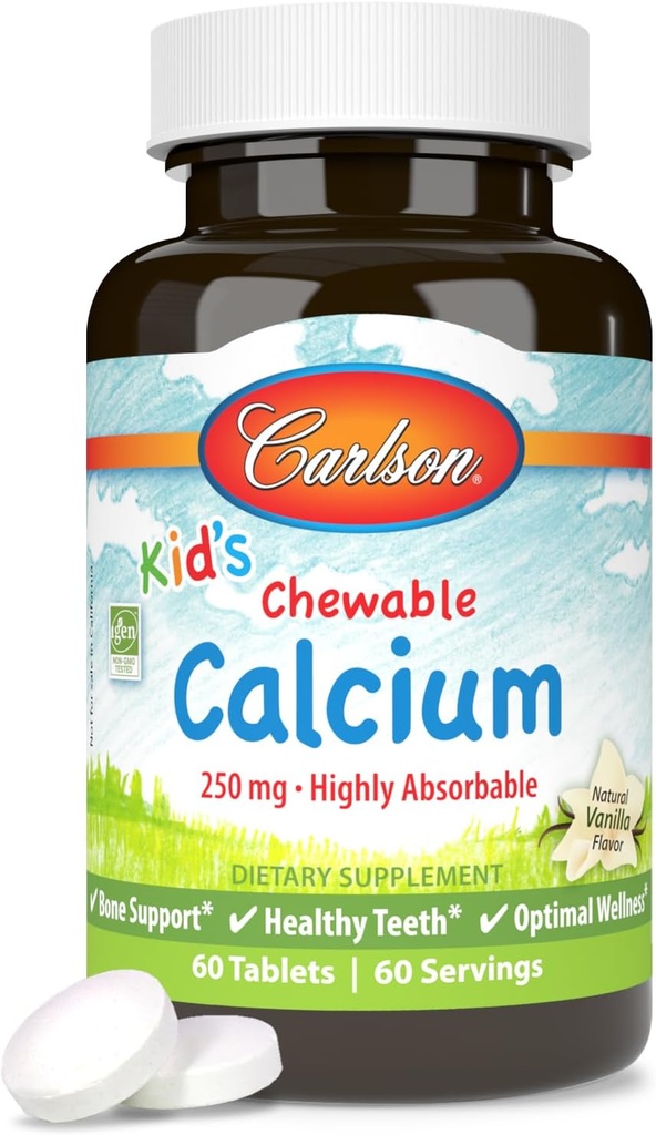 Carlson - Kid's Chewable Calcium、250 mg、高吸収性、骨と歯のサポート、最適なウェルネス、ナチュラルバニラ風味、60錠