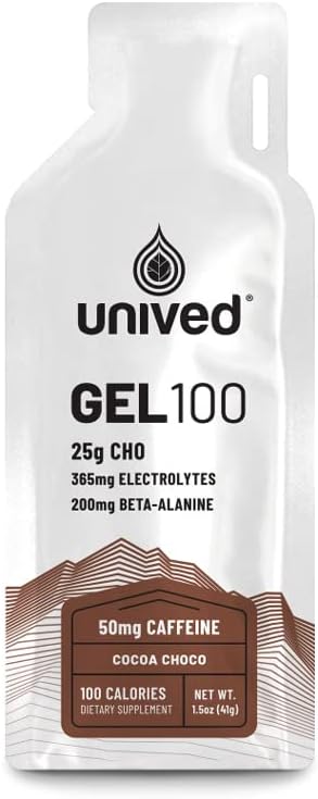 Unived ゲル 100 - 持久力の選手のためのビーガン エネルギー ゲル ランナー & Cyclists - 100kcal - Cocoa ショコ - 50mg カフェイン - パック 6