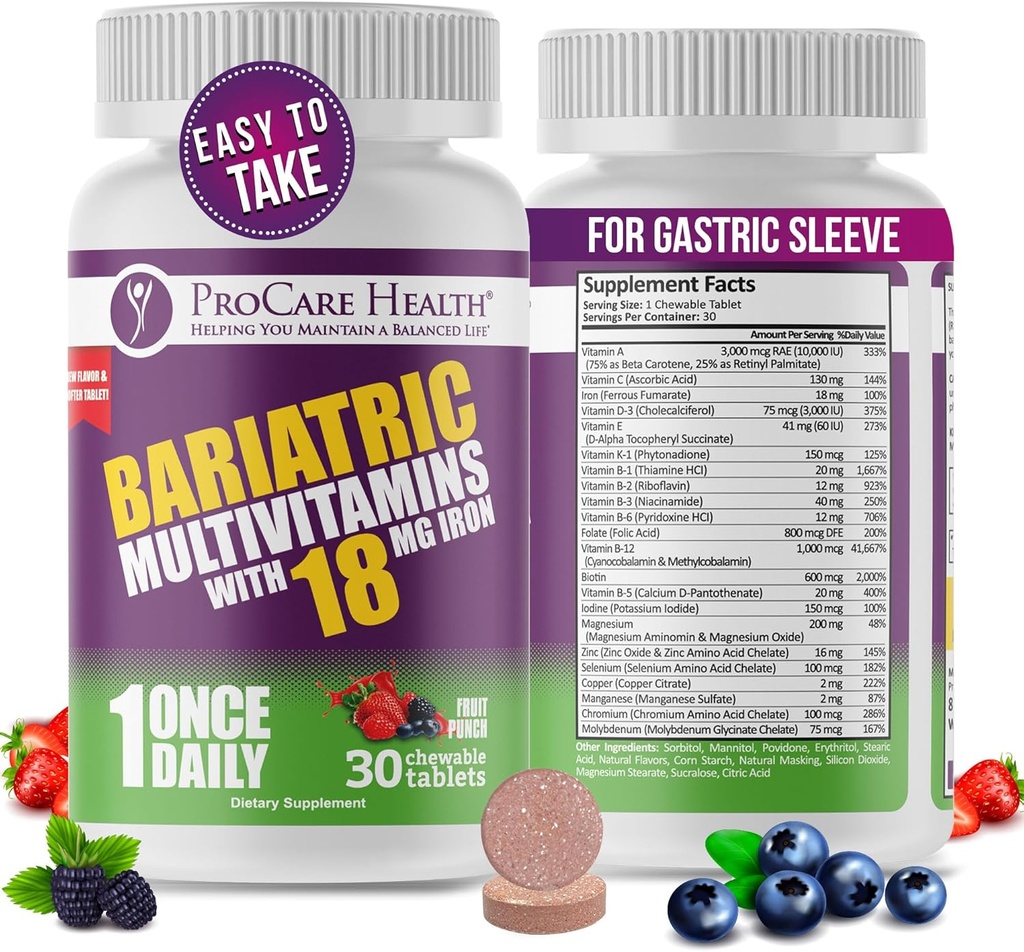 鉄18mg (30のタブレット)のProCareの健康のBariatricのChewableのMultivitamin -胃のバイパス及び袖のGastrectomyの患者のためのフルーツの穿孔器のBariatric Multivitamin Chewable* (1か月の供給)