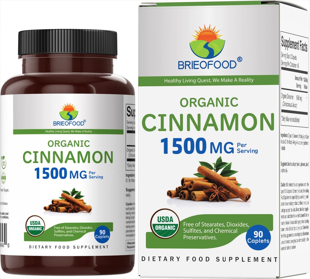 Brieofoodオーガニックシナモン1500mg、45サービング、ベジタリアン、グルテンフリー、90ベジタリアンタブレット
