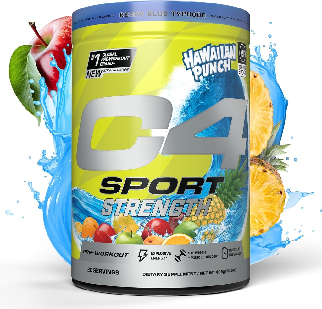 Cellucor C4 Sport Strength Pre Workout Powder - NSF Certified for Sport - Beta-Alanine, Creatine, 200mg Caffeine - Sugar Free Energy Supplement for Men & Women - Hawaiian Punch Berry Blue, 20 Servings