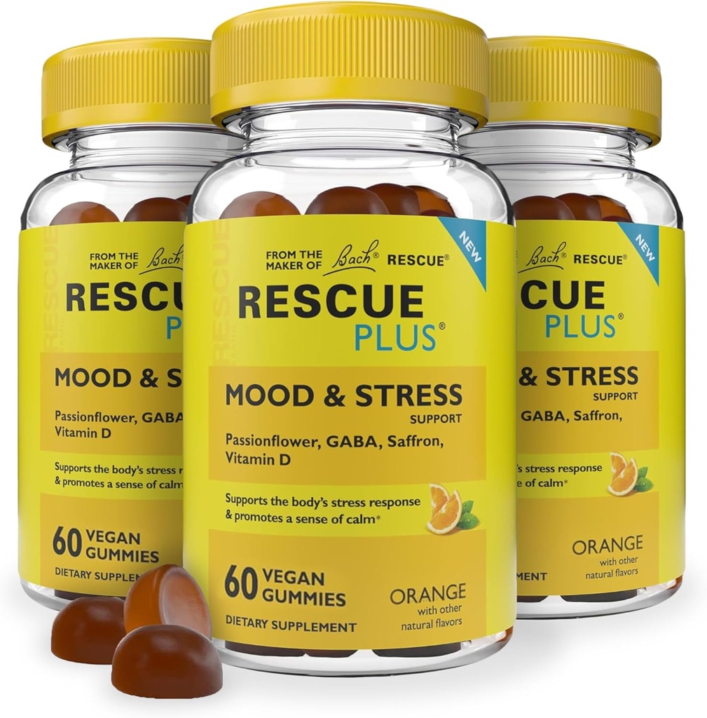 RESCUE Bach Plus Mood & Stress Support Gummies、パッションフラワー、GABA、サフラン&ビタミンD、ナチュラルオレンジ風味、ビーガン&グルテンフリー、3パック、180カウント合計