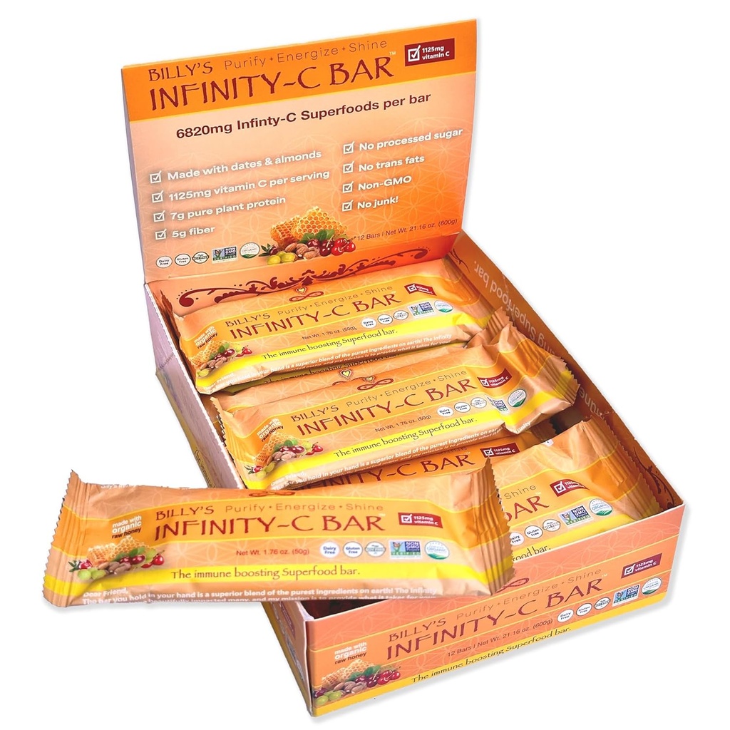 インフィニティCスーパーフードバー、全フードビタミンCの1125 mgの健康なエネルギーバー、免疫ブースト植物ベースの成分、カミュカミュ、アセローラ、アンマラパウダー、およびシラジット、生、グルテンフリー、非GMO