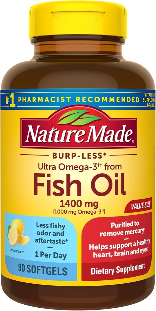 Nature Made Burp Less Ultra Omega 3 Fish Oil Supplements, 1400mg Fish Oil Omega 3 Supplements as Ethyl Esters for Healthy Heart Brain Eyes Support, One Per Day, 90 Softgels