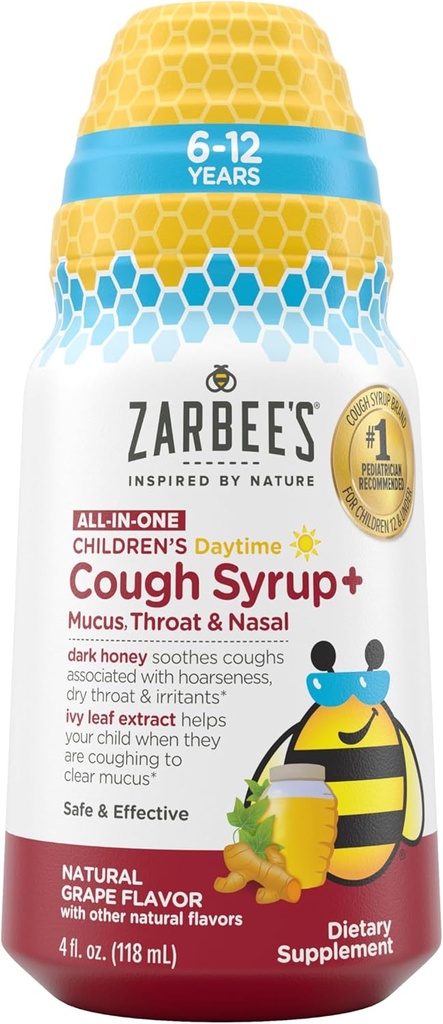Zarbee's Children's Daytime All-in-One Honey Cough Syrup + Mucus, Throat & Nasal for Kids 6-12 + ダークハニー, アイビーリーフエキス, 亜鉛ターメリックルート, 医薬品フリー, グレープ, 4 fl oz