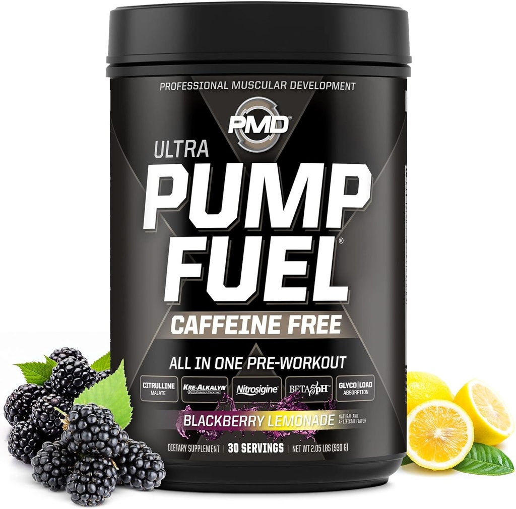 PMD Sports Pump Fuel Ultra Caffeine Free - Premium Pre Workout Powder & Muscle Pump, Greater Focus, Endurance & Recovery, Premium Creatine, Arginine & Beta Alanine - BlackBerry Lemonade (30 Servings)