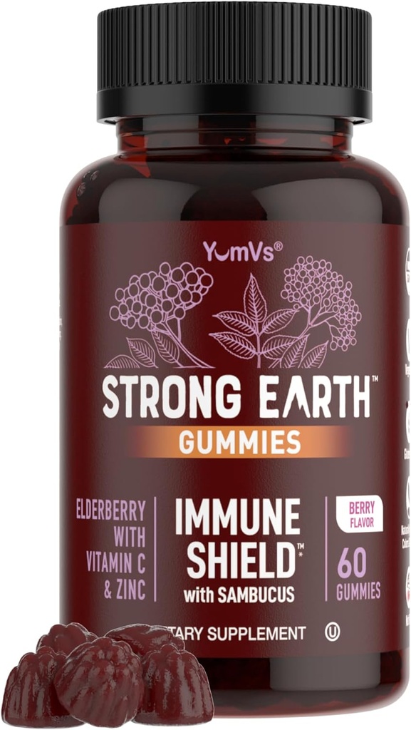 Strong Earth Elderberry Gummies – Sambucus Elderberry Immune Support with Vitamin C & Zinc – Black Elderberry Gummies, Berry Flavor, Non-GMO, Gluten Free, Kosher – 60 Count