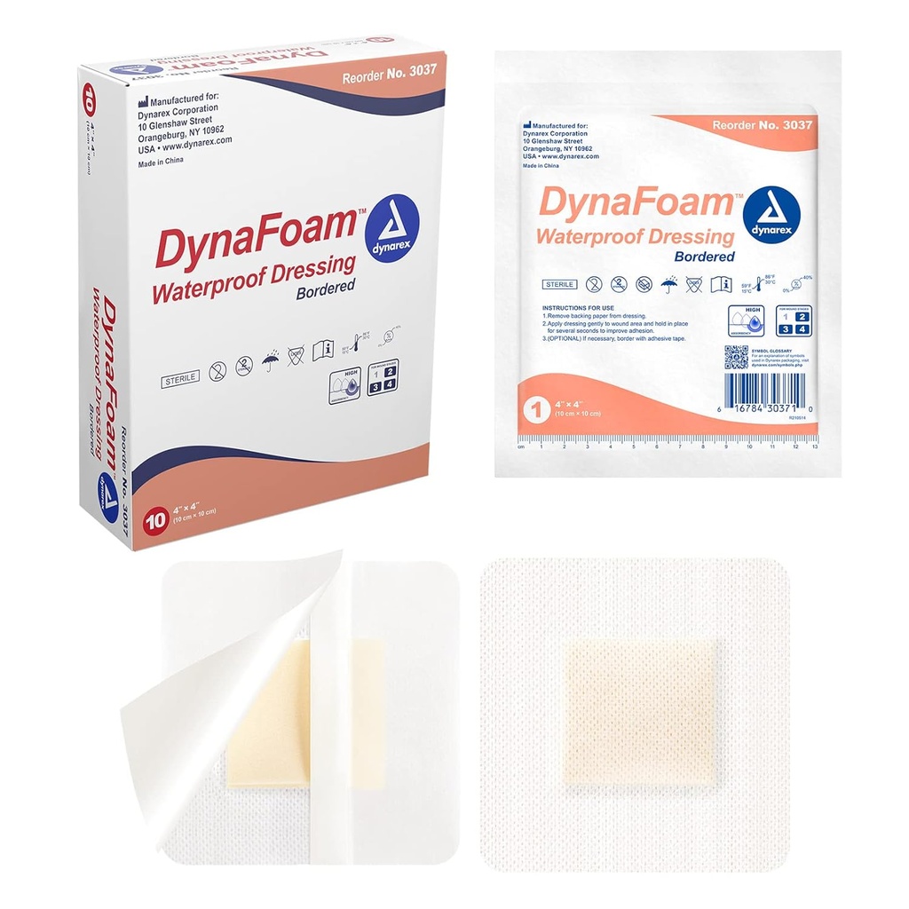 Dynarex Dynafoam の防水 Bordered の付着力の泡の傷のドレッシングの包帯、4" x 4"、10 の計算