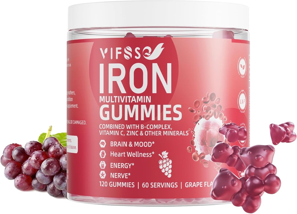 鉄のガミーの砂糖は、鉄、ビタミン及び女性のための亜鉛が付いている女性Multivitaminのための120のガミーの鉄の補足、人及び子供-ブドウの味、ビーガン補足、エネルギーのための無光沢- 味のための無光沢