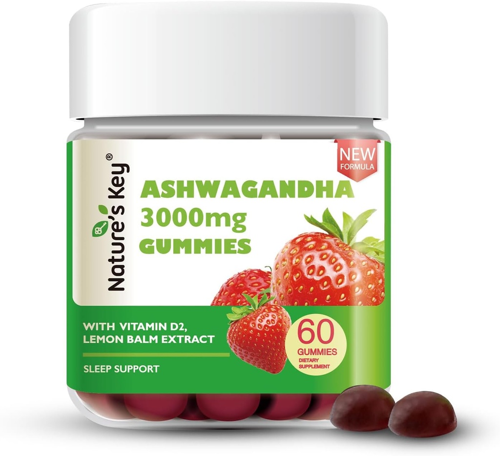 Nature's Key Upgraded 2.0 Ashwagandha Gummies、3000mg Extra Potency Ashwagandha Supplement | ビタミンD2、レモンバーム、ブラックペッパー、ストレスの軽減と良い睡眠のために(60カウント、パック1)