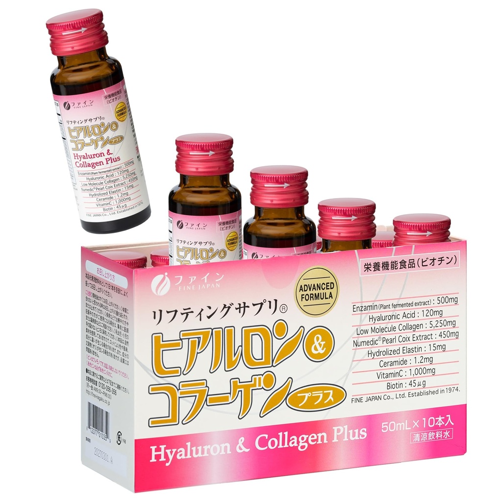 FINE JAPAN Hyaluron & Collagen Plus - ビタミンC、Hyaluronic酸、真珠コワ、皮膚の水分補給、弾力性、髪と爪の健康をサポート - 日本製、17 floz
