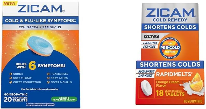 Zicam Cold & Flu Symptoms 20 Tablets Ultra Cold Remedy Rapidmelts 18 Count Homeopathic Zinc Cold Shortening