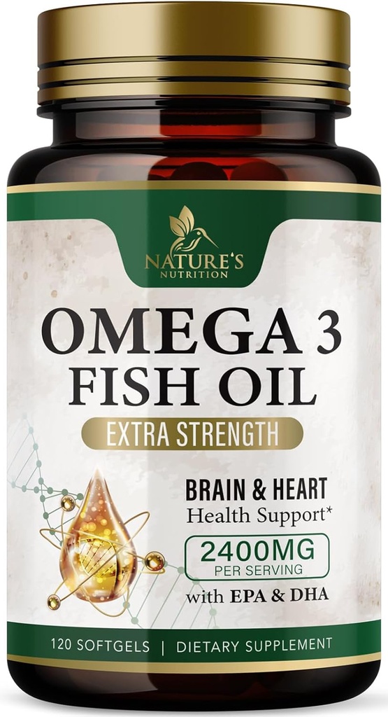 Omega 3 魚油サプリメント 2400 mg - トリプル強度オメガ3 - エッセンシャル脂肪酸と EPA & DHA - 自然な免疫、脳と心臓の健康サポート - ビルプレス、レモン風味、ワイルドキャッチ - 120 ソフトゲル