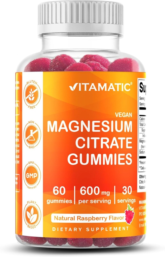 Vitamatic マグネシウム グミー 600 mg/サービング – 60 リラックスのためのビーガンカウント, 筋肉, 骨, エネルギー サポート