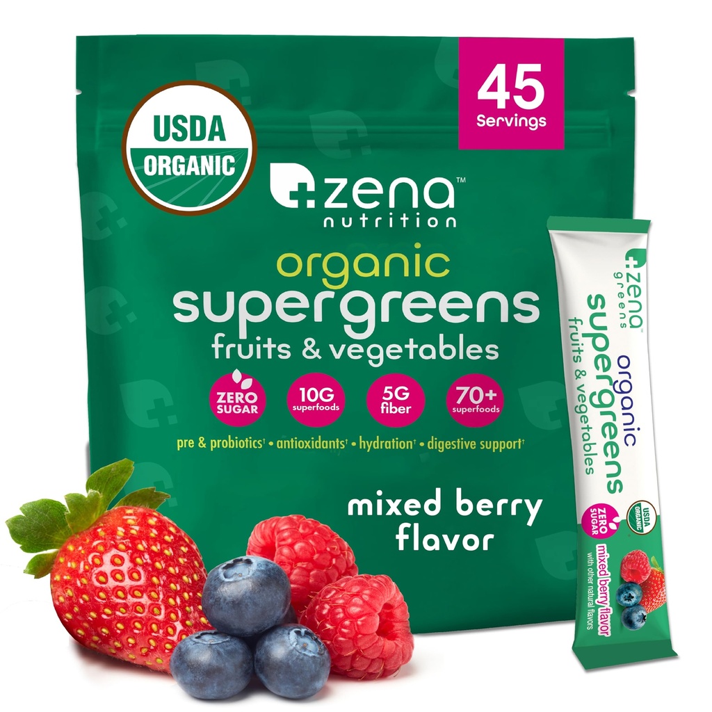 Zenaの栄養物の有機性極度の緑の粉、70+のスーパーフード、0の砂糖、5G繊維、Spirulina、Chlorella、酸化防止剤、プレバイオティクス/プロバイオティクス、消化酵素、混合されたベリー、45の飲み物の組合せのパケット