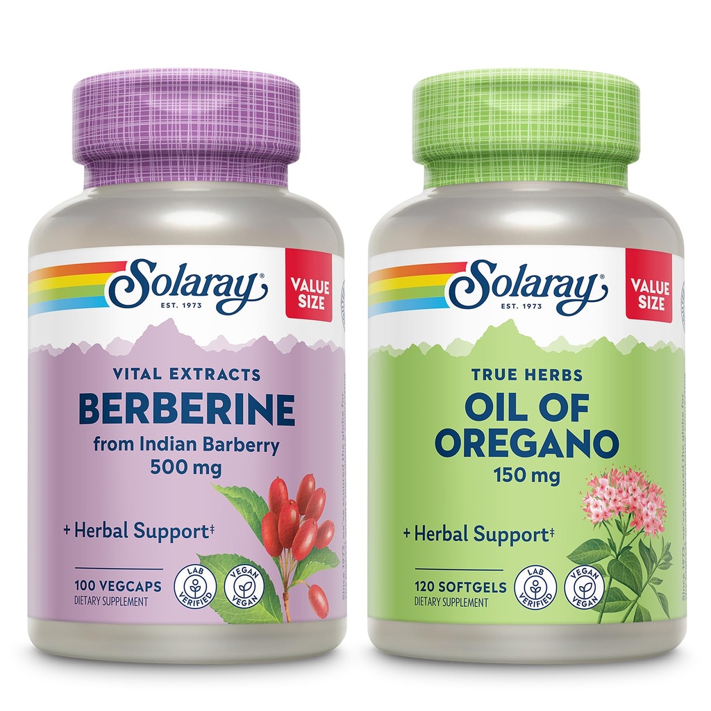 OreganoバンドルのSOLARAY Berberineとオイル - インドバーベリープラスオレガノオイルサプリメントから強力なウェルネスサポート - 100 VegCaps / 120 Softgels