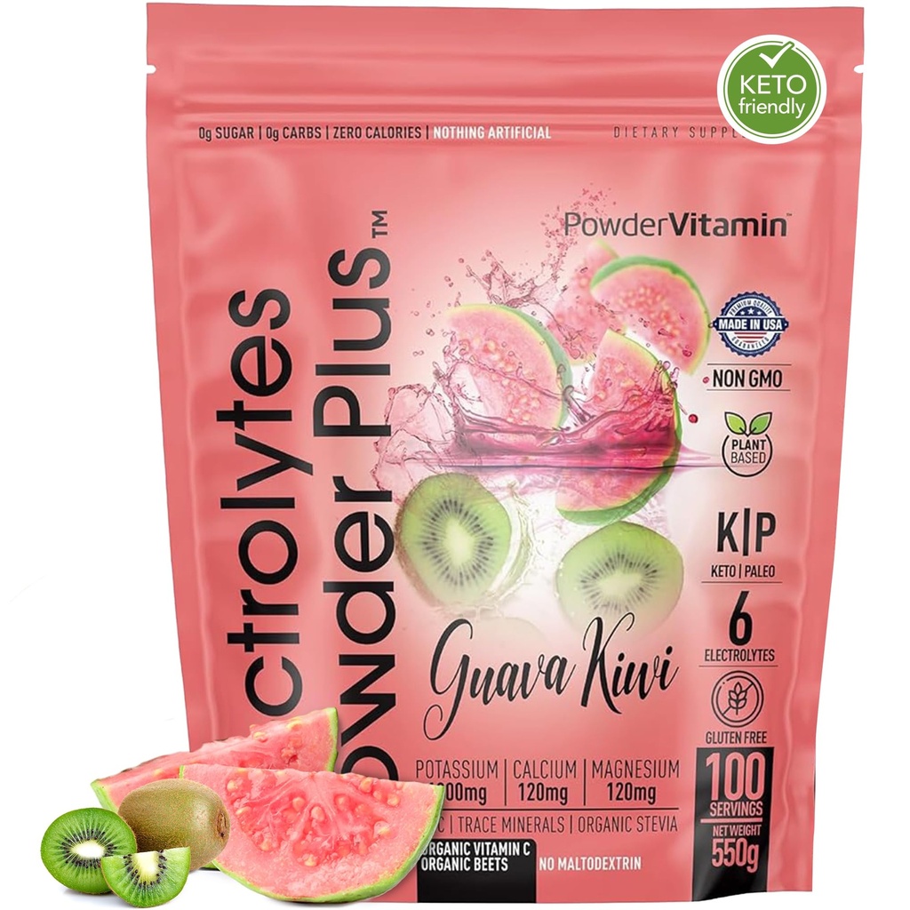 PowderVitamin の電解質の粉のプラス (100 のサービング) Guava Kiwi の電解質の粉、ゼロ Calorie、Keto、0 砂糖、Maltodextrin、1000mg のカリウム、120mg マグネシウム、水和の粉無し