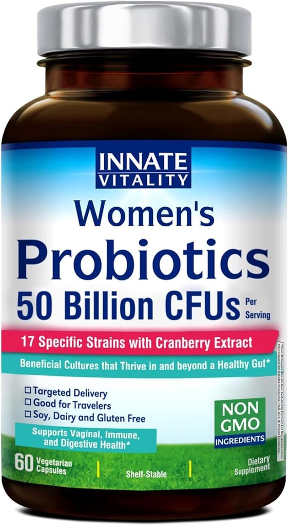 Innate Vitality Probiotics for Women, 50 Billion CFUs, 17 Proven Strains, 60 Veggie Caps, Formulated with Prebiotics and Cranberry Extract,Non-GMO, Supports Vaginal, Digestive and Immune Health