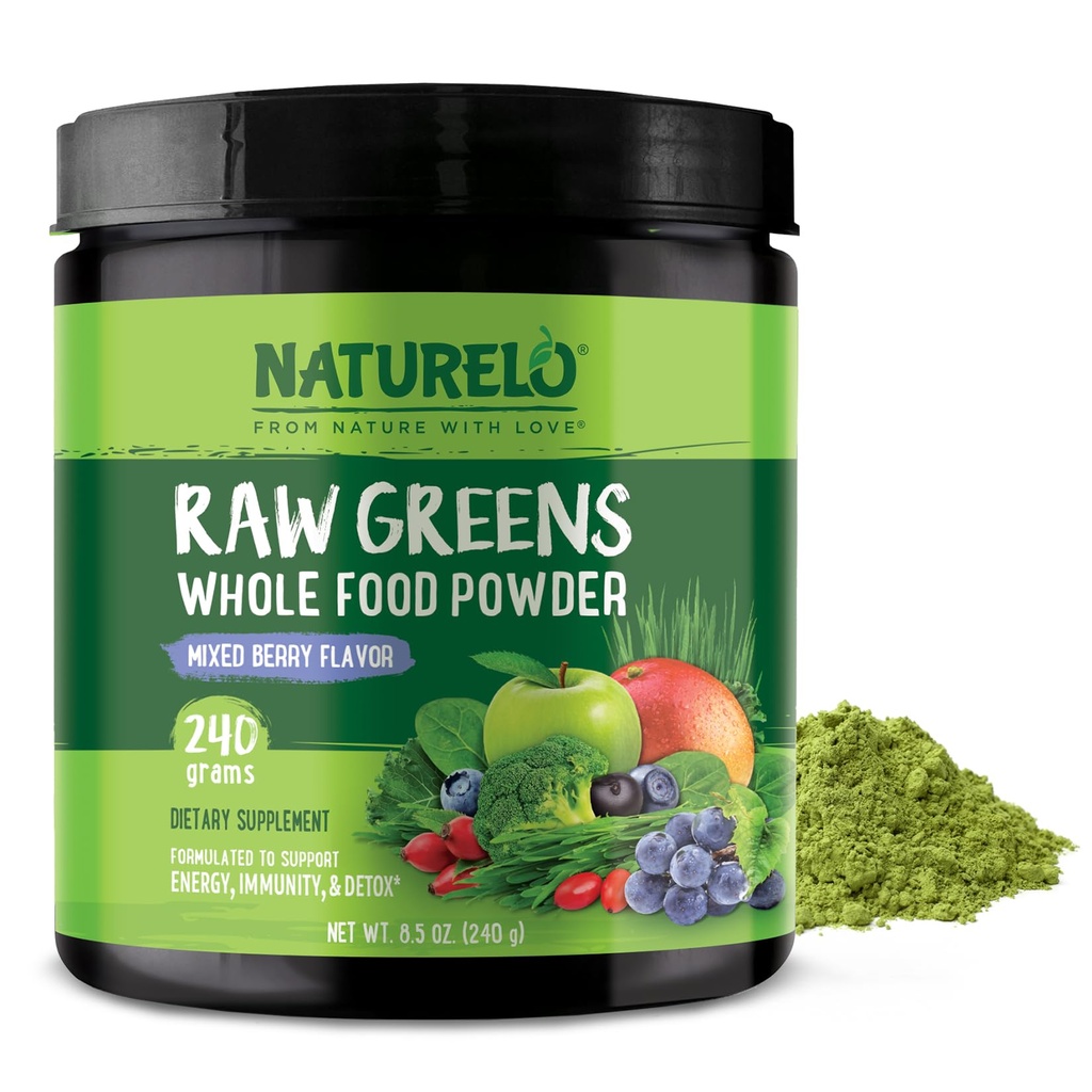 NATURELOの未加工緑Superfoodの粉240のグラム、混合された果実-サポート エネルギー、免除およびデトックス-の全食糧栄養物のためのSpirulina、小麦粉の草および有機性緑を含んでいます