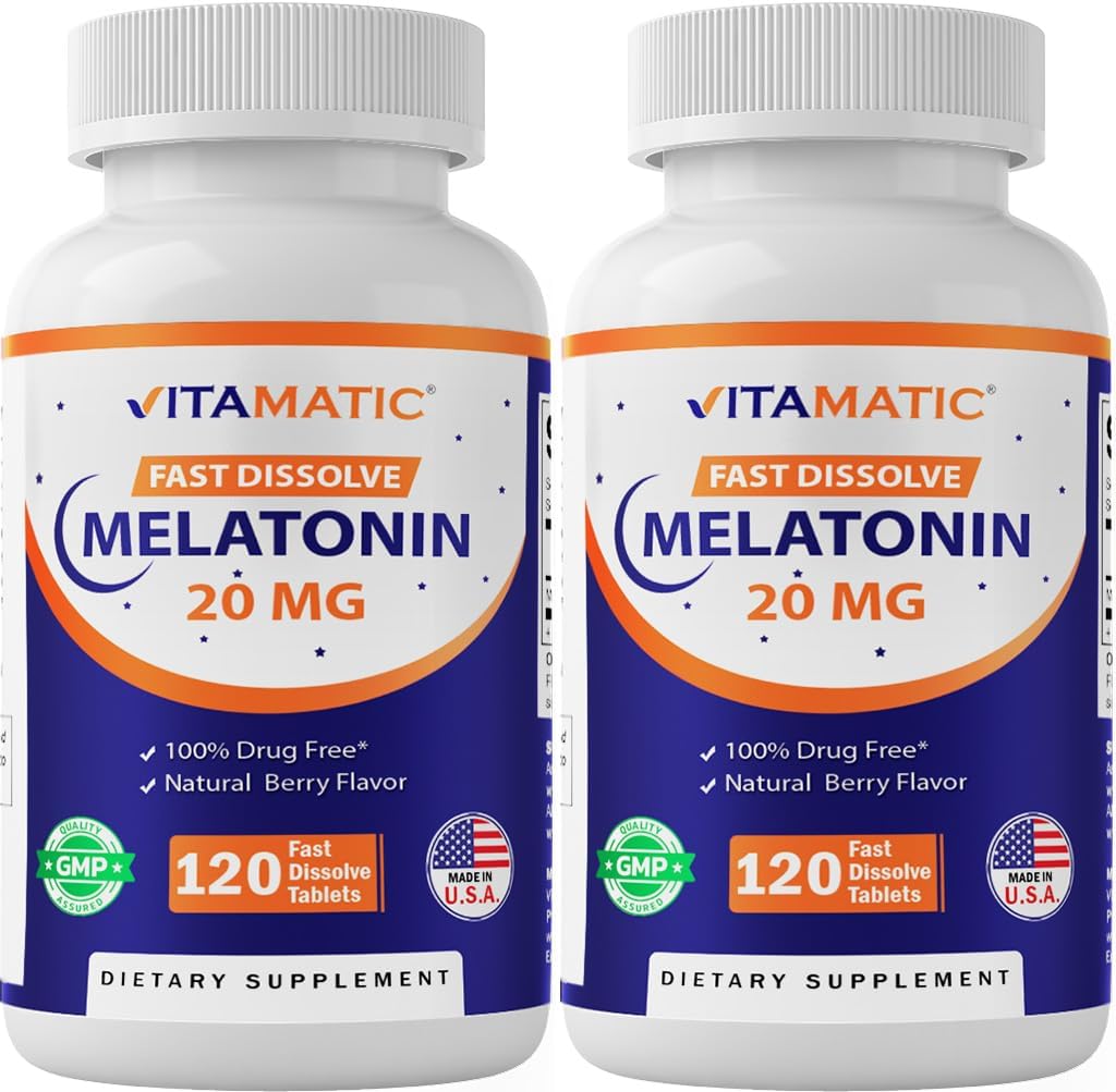 Vitamatic 2 Pack Melatonin 20 mg Fast Dissolve 120 Tablets - Natural Berry Flavor | Vegetarian, Non-GMO, Gluten Free (Total 240 Tablets)