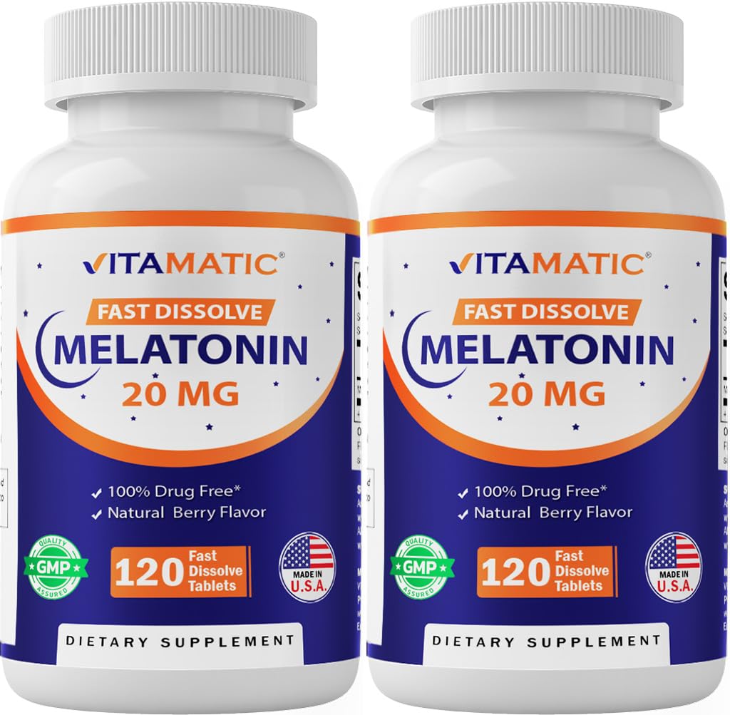 Vitamatic Melatonin 20mg for Sleep Support | ベジタリアン・非GMO・グルテンフリー | High Potency 20 MG | ナチュラルベリー風味 120 速い分解錠 - 2 パック - 240 カウント