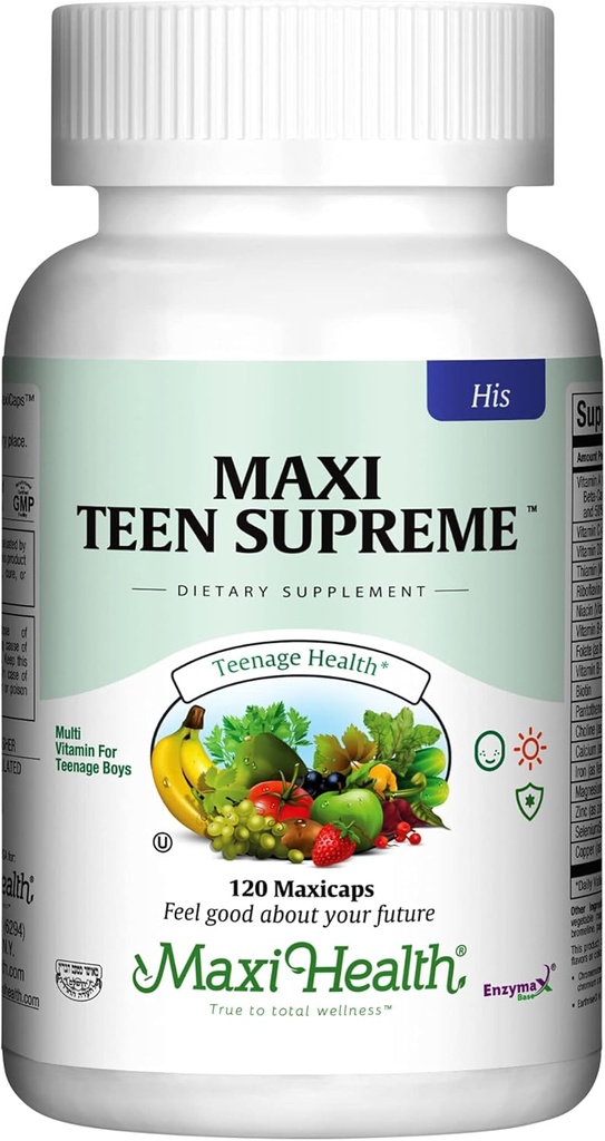 Maxi Health Multivitamin for Him – Boys Vitamins for Ages 12–17 Teen Supreme – Men’s Multivitamin for Energy, Immune Boost, Body & Brain Includes D3, Iron, Calcium, Digestive Enzymes (120 Count)